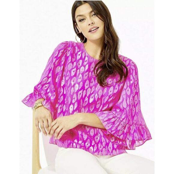 Lilly Pulitzer Tops - Lilly Pulitzer Medium Francis Flounce Silk Raz Berry Leopard Metallic Top Blouse